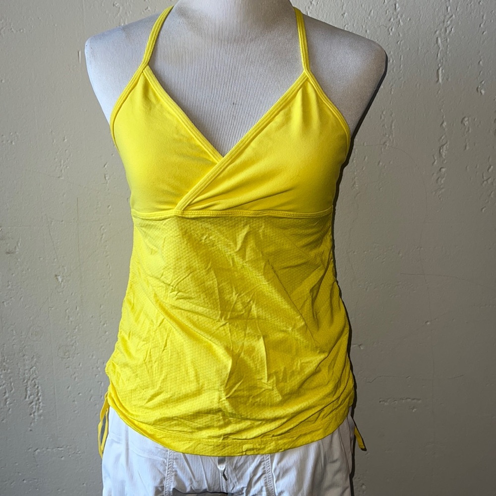 lululemon yellow deep v tank with adjustable side cinching size 10